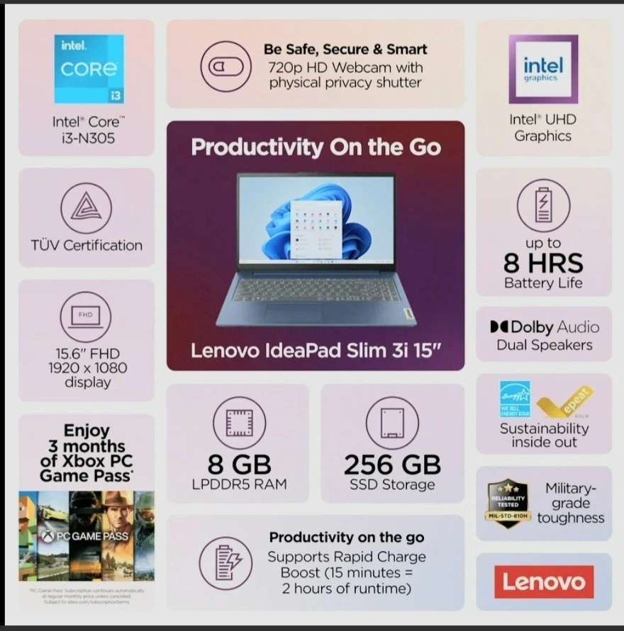 Lenovo IdeaPad Slim 15.6" FHD Laptop i3-N305 8GB RAM 256GB SSD Abyss Blue  - Image 2 of 4