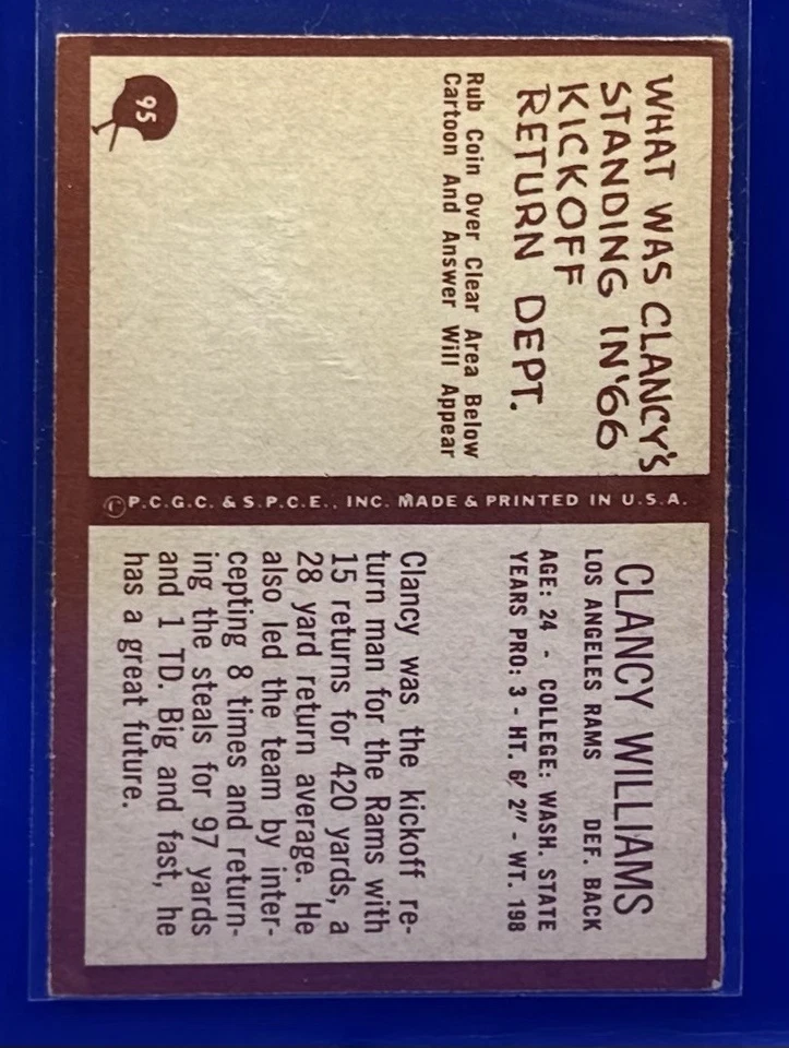 1967 PHILADELPHIA #95 CLANCY WILLIAMS VG (RC) Los Angeles RAMS - Image 2 of 2