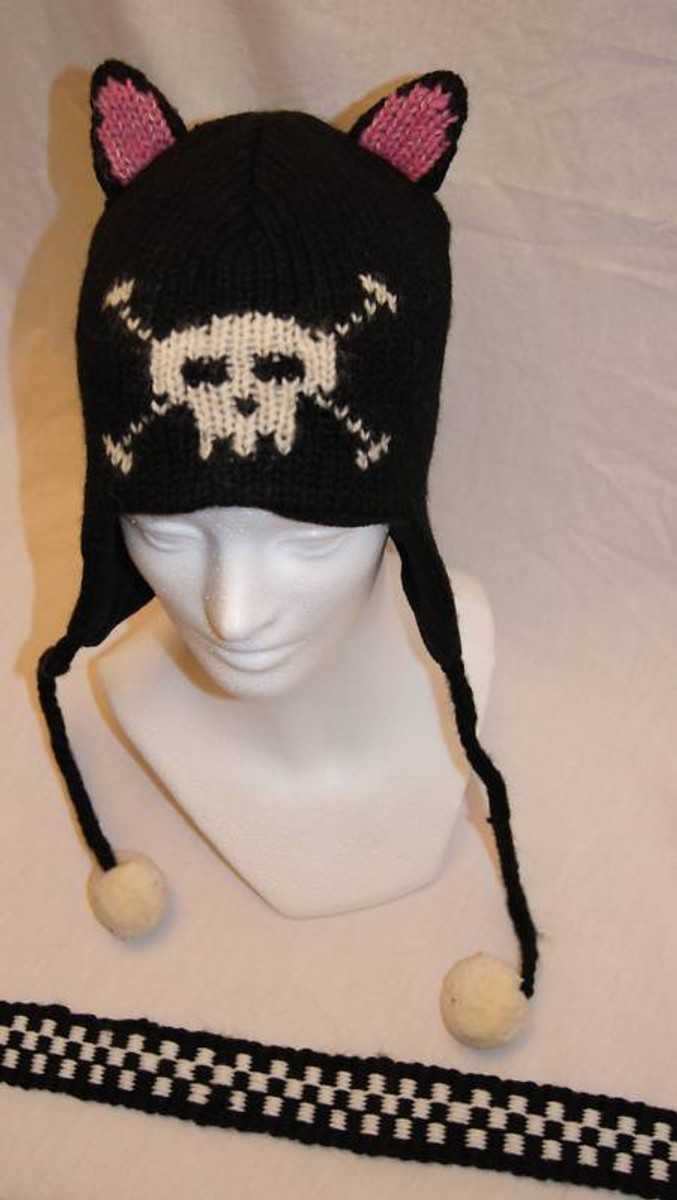 CAT SKULL HAT black knit pink FLEECE LINED Cross bones ADULT