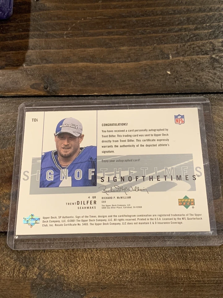 2001 SP Authentic Trent Dilfer TDi Sign of The Times on card Seattle Seahawks - Image 2 of 2