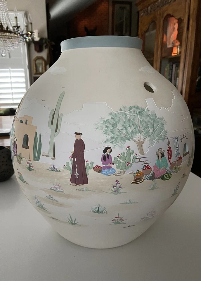 GRAN JARRÓN DE CERÁMICA LUMINARIA GRABADO A MANO PINTADO A MANO VINTAGE Foto 3 de 4