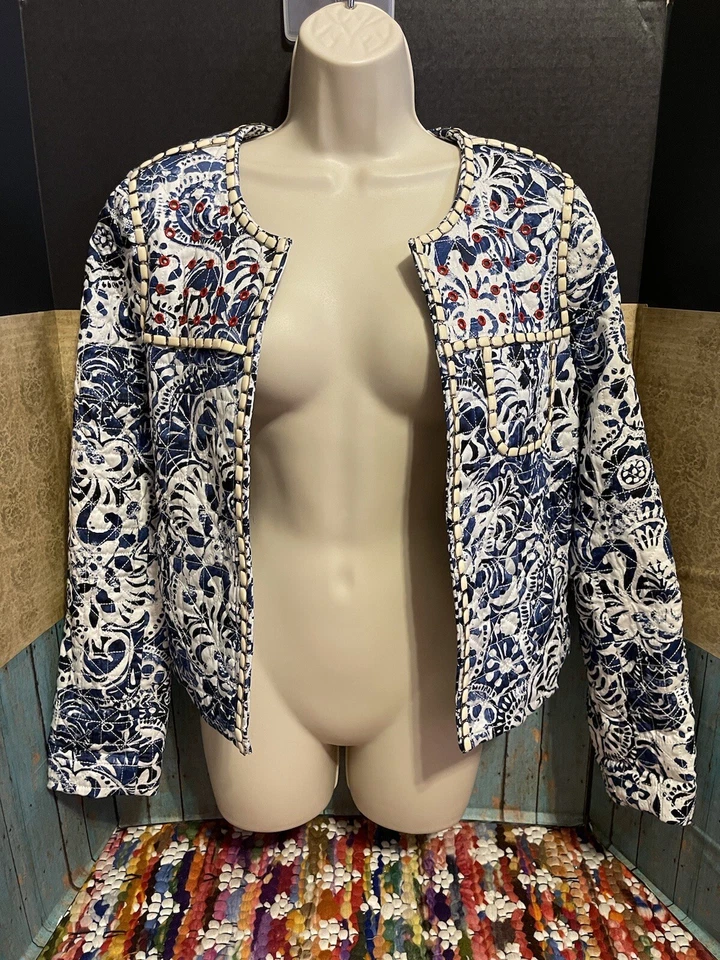 Бесконечная роза темно-синий/белый красивый стеганая бусина украшенный талии куртка - Изображение 3 из 4