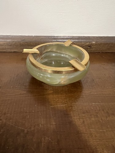 Italian Stone Marble Alabaster Ashtray w Brass Rim 3 Slot Vintage Art Deco 3” - Picture 7 of 7