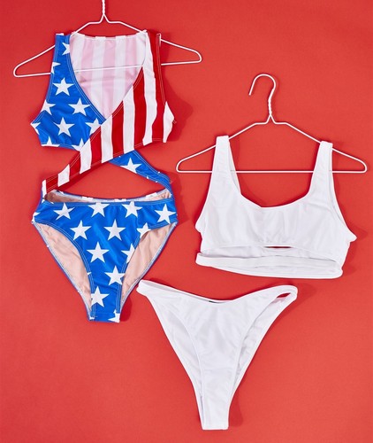 Red White Blue USA Flag Criss Cross Front Tank Back 1 Pc Swim Bikini Swimwear - Picture 4 of 4