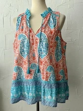 Crown & Ivy Top L Babydoll Cotton Sleeveless Lined Tassels Trim NWOT