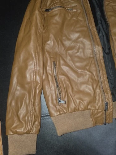 GUESS Men's Brown Faux Leather Lined Bomber Jacket Full Zip Size M image 4