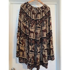 Vintage Bila Tribal Animal Print Rayon Midi Skirt Brown Black Tan Boho Medium