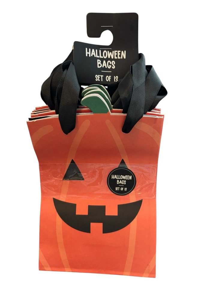 2 New luxe HALLOWEEN TREAT BAGS pumpkins SETS of 13 7x5x2.5 Ribbon handles PG-5 - Image 2 of 4