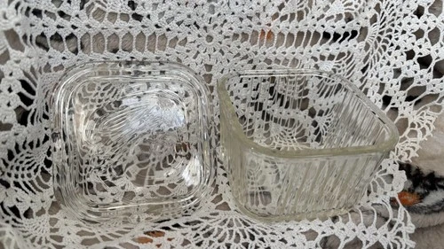 Vintage Federal Glass Clear Refrigerator Dish Box Embossed Vegetables Lid 4x4