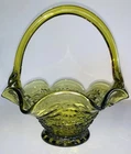 Vintage Fenton Green Glass Basketweave Handled Basket Ruffled Edge Decor