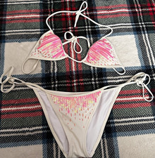 Victorias Secret XS White Pink Sequin Triangle Halter 2pc Cheeky Bikini Y2K 39