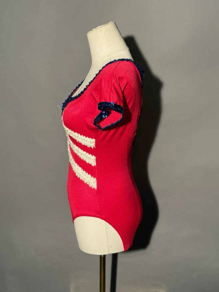 Vintage América Vermelho Branco E Azul 4 de Julho Lantejoulas Femininas Unitard Pequena Estrela - Imagem 4 de 4