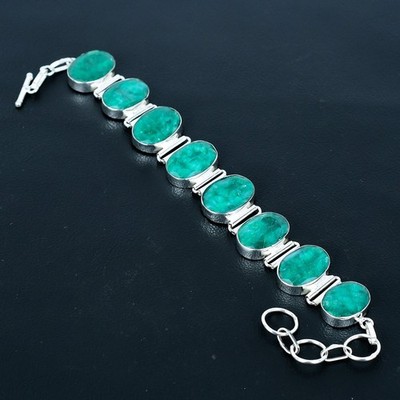 Sakota Mines Emerald Gemstone 925 Sterling Silver Jewelry Bracelet 8'' VJ 1176