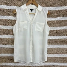 Talbots Women's Top Medium Beige Sleeveless Sheer Tan Neutral Dress Shirt