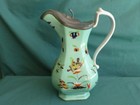 Antique Hand Painted W & B Cobridge Oriental Porcelain Pitcher W/ Pewter Cover