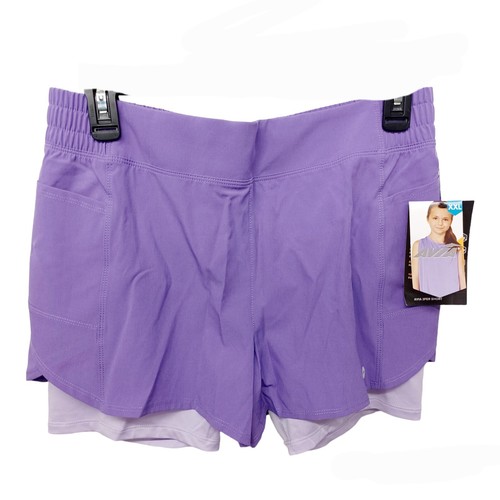 2 Pairs Avia Girls 2Fer Shorts-18-Purple-Black-Wicking-Semi-Fitted - Picture 2 of 5