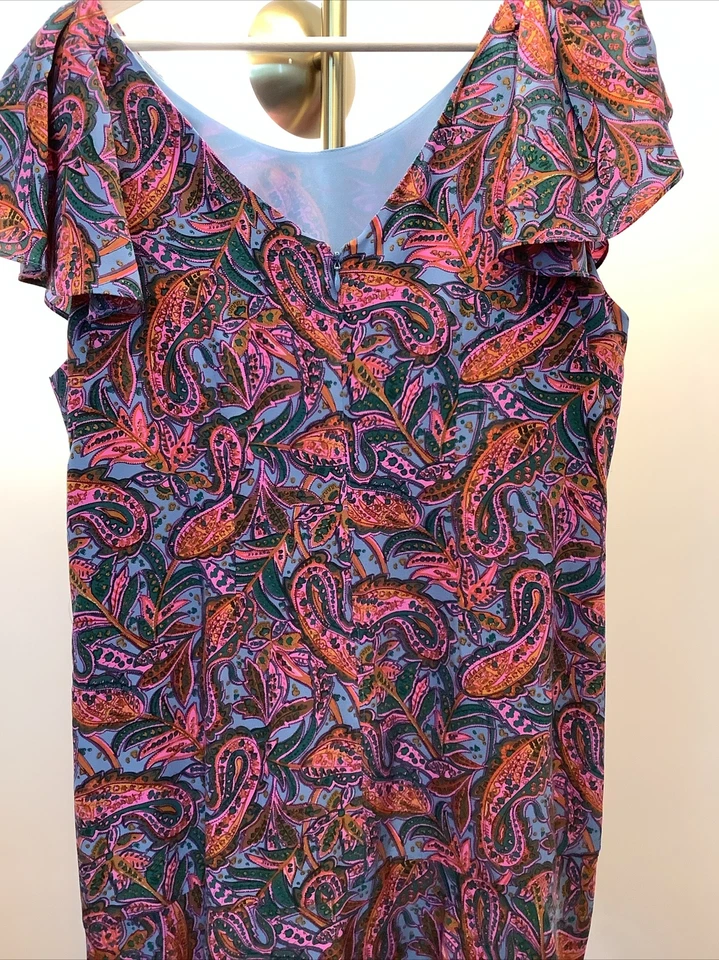 Vestido J CREW con Volantes Talla 12 Cachemira Vibrante Rosa Brillante Multi 100% Forrado en Seda Foto 2 de 4