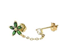 14k Yellow Gold Flower CZ Stud Earrings with chain Push back