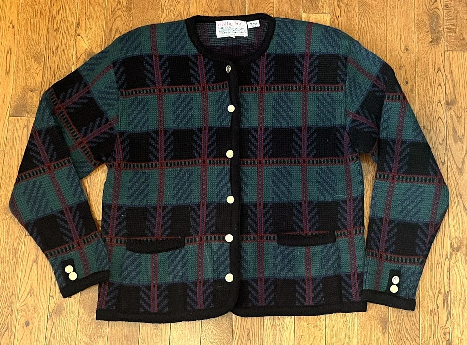 Cárdigan Suéter Vintage Años 80 Tally-Ho Pollak Granny Cuadros Verde Rojo Azul Botones L Foto 4 de 4