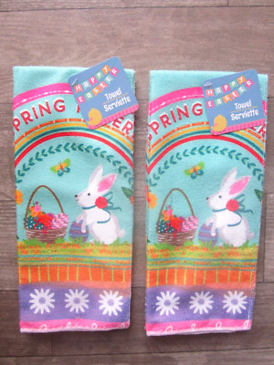 EASTER 2 FUN BRIGHT Cute BUNNY Soft Hand Towels 15'' x 25'' Kitchen/Bathroom NEW!