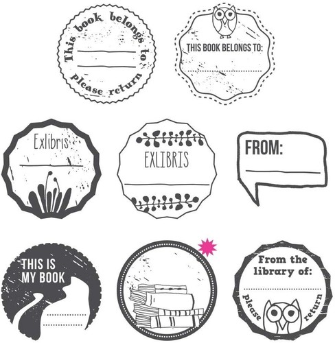 Woodies Ex Libris Theme Round Wood Mounted Rubber Stamp Set, 8-Count 1.25" NEW - Picture 2 of 12