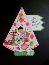 L498 Vintage Die Cut Xmas Greeting Card Cute Deer Surprised by Jack in a Box