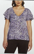 Rafaella Size XL Paisley Women’s Knit V-Neck Ruffled Short Sleeve Fashion Top