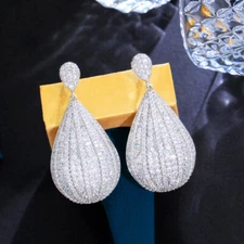 Luxurious White Gold Plated CZ Micro Pave Long Drop Dangle Earrings for Ladies