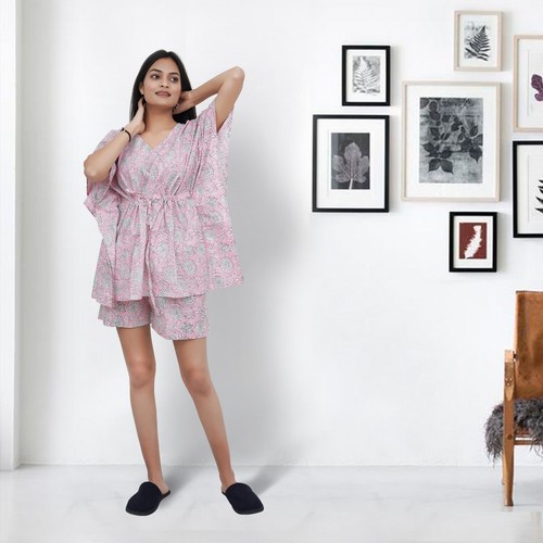 Hand Printed Caftan Shorts set Cotton Maternity Casual One Size Kaftan Maxi Top