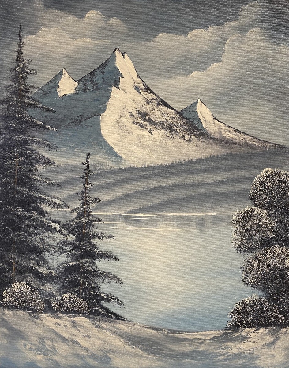 Bob Ross style original Winter Snow mountain landscape oil
