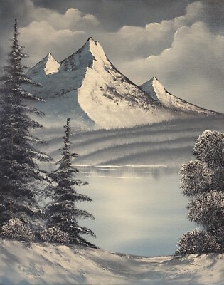 Bob Ross style original Winter Snow mountain landscape oil