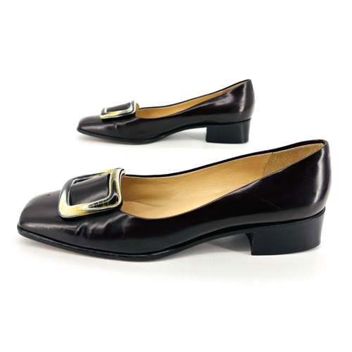Womens 9.5 M Joan Helpern Signature Square Toe Buckle Brown Leather Heels - Picture 6 of 11