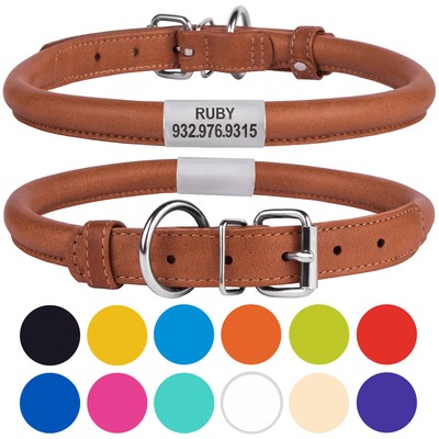 Rolled Round Leather Dog Choke Collar Round SOFT Padded FREE ID TAG BLACK