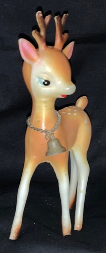 VINTAGE! PLASTIC CHRISTMAS FIGURE - 6” STANDING REINDEER FAWN WITH METAL BELL! - Picture 7 of 11