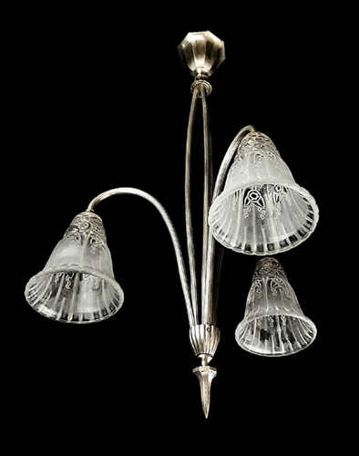 Art Deco chandelier glass by A. BOYREAU nickel plated fixture France 1930s - Picture 3 of 8