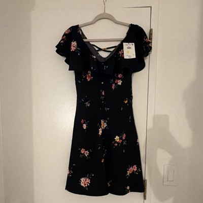 Mohito Black Floral Fit & Flare V-Neck Flutter Short Sleeve Dress S