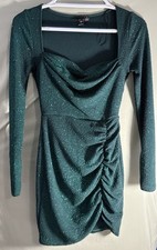 Windsor Green Glitzy Glitter Mesh Long Sleeve Mini Dress Women Small