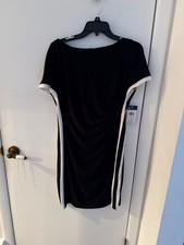 Beautiful Women Black Dress Ruche front White Strip Short Sleeve Chaps Size Lg