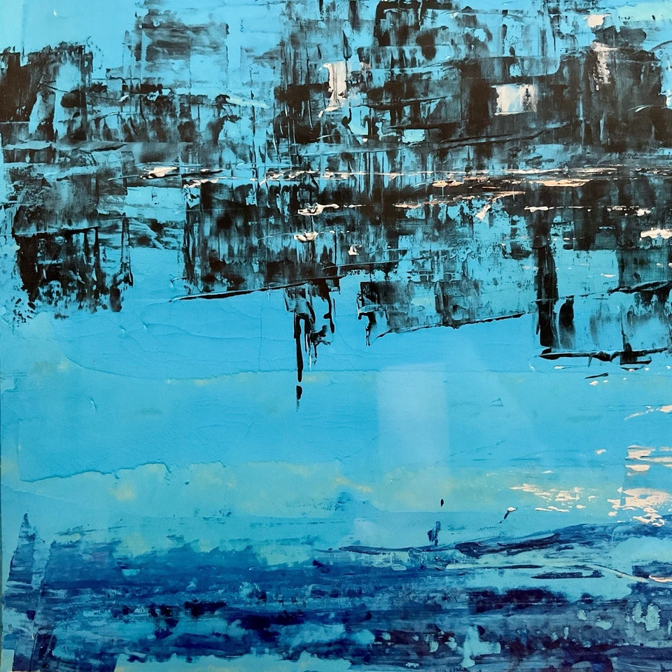 Pintura acrílica vintage assinada pela década de 1960 abstrata paisagem marítima cena porto - Imagem 4 de 4