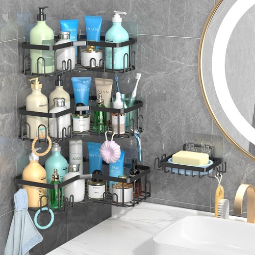 4-Pack Corner Shower Caddy - No Drill Adhesive Shelf w/Hooks, Black - Picture 2 of 6
