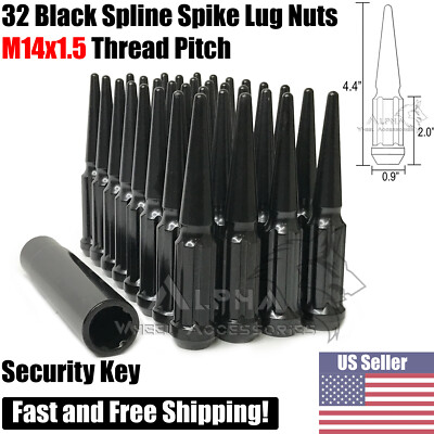 32Pc Black Spline Spike Lug Nuts 14x1.5 Fits Ford Super Duty F-250 F-350 + Key