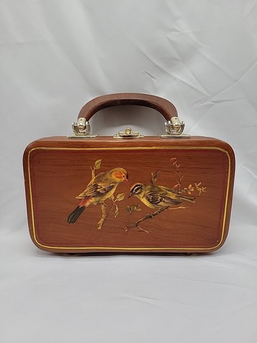 Borsetta vintage uccellini su ramo scatola legno borsetta decoupage fodera velluto a coste