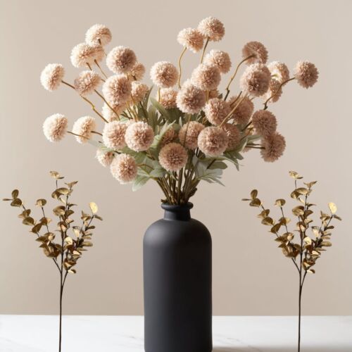 Beige Flowers Artificial + Eucalyptus Fake Mums Long Stem Flowers Tan Nude Cr...