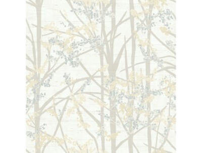 Taupe Trees on Cream with Gold and Grey Blooms Unpasted Wallpaper SG40008