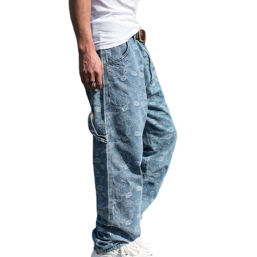 Men Baggy Loose Jeans Vintage Paisley Print Denim Pants Hip Hop Plus Size Casual - Picture 5 of 12