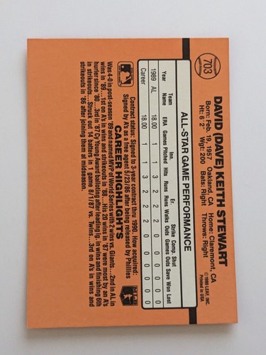1990 Donruss Baseball - #703 Dave Stewart - All-Star American League - Picture 2 of 3