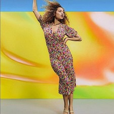 Rixo Womens Multicolor Floral Puff Sleeves Zip V Neck Pullover Long Maxi Dress 8