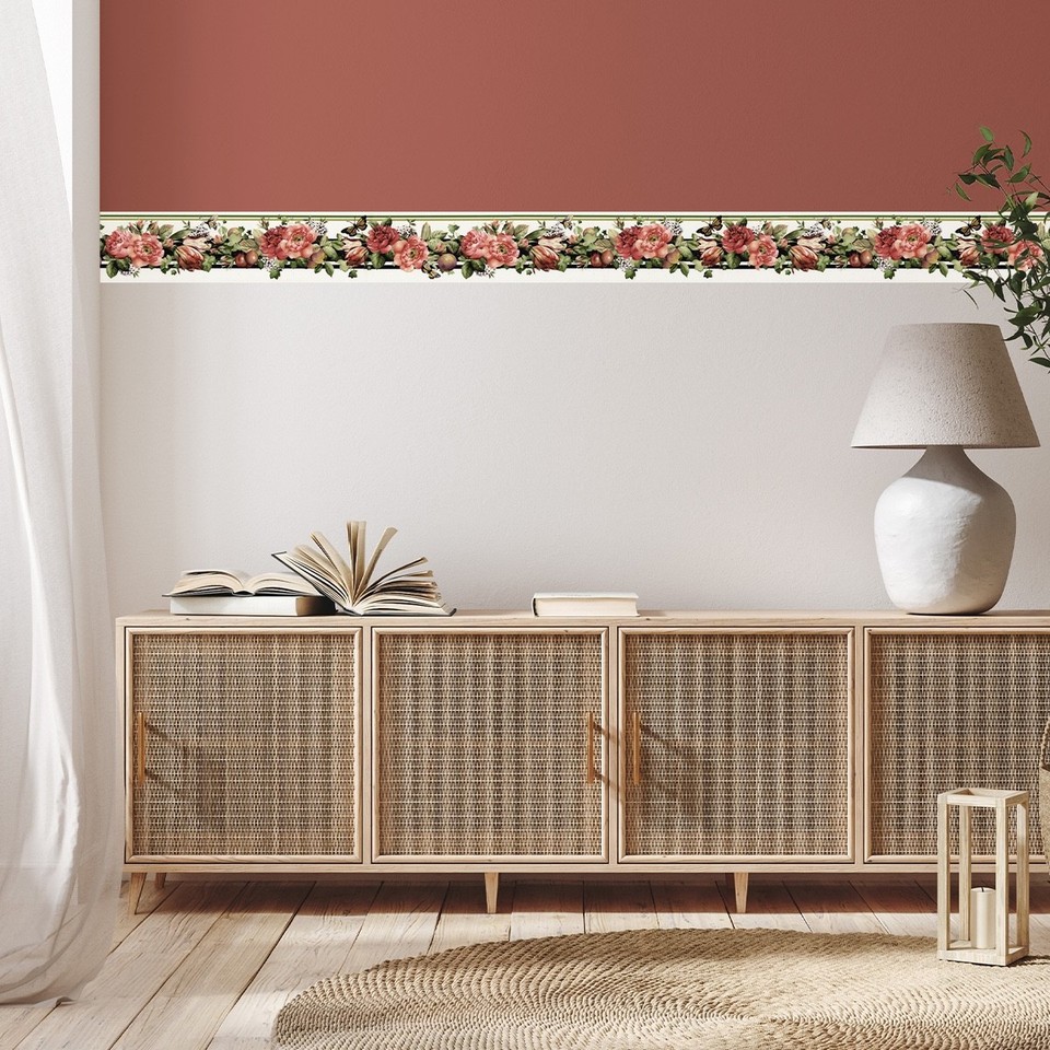 Cabbage Red Roses Floral Wallpaper Border Flower White , Red 4.25 In X ...