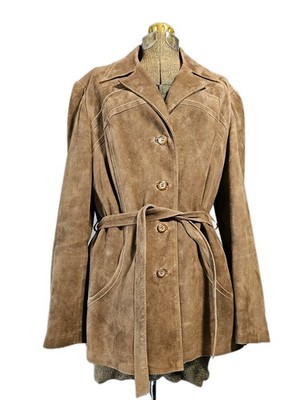 Vintage Leder Wagner 90s German Leather Suede Mid Length Tan Tie Front Jacket Lg