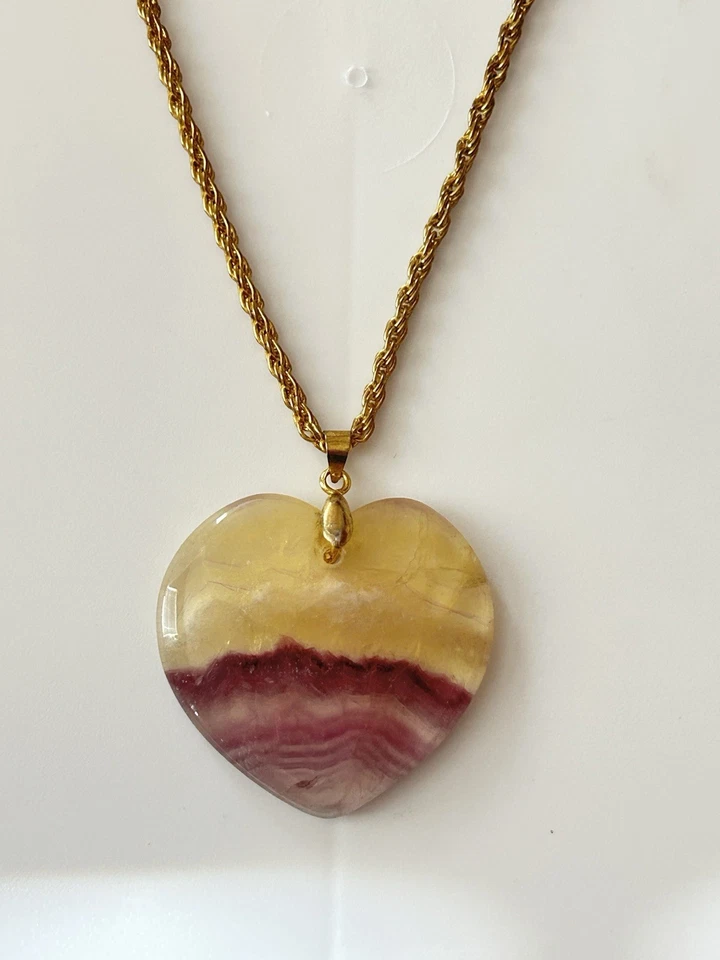 18k CP Marked Large Amethyst candy Fluorite heart Gold Plated Rope Necklace - Image 2 of 4